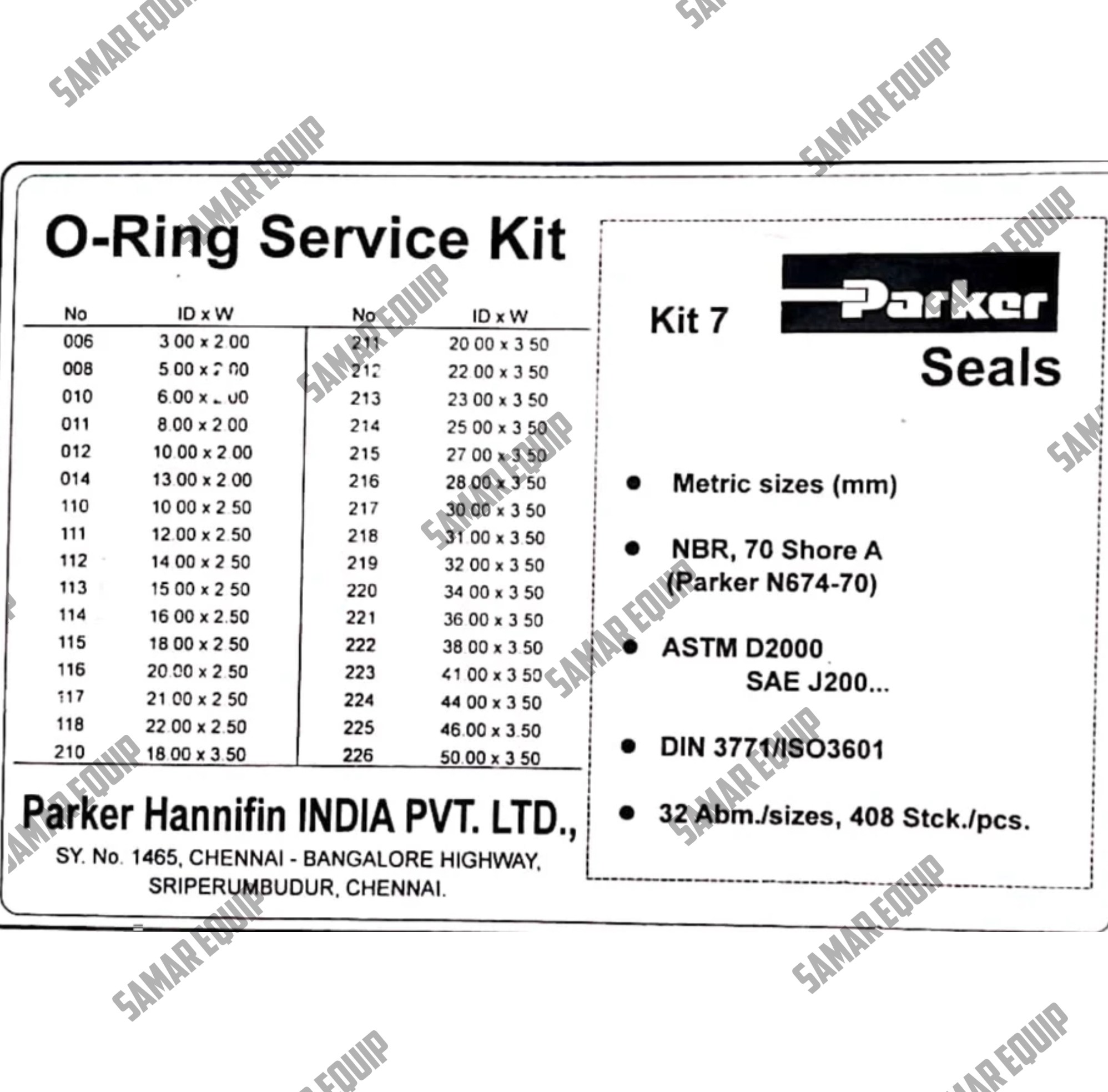 PARKER O-RING SERVICE KIT 7 SERIES, SIZE- 3MM TO 50MM NBR, 70 SHORE A, N674-70